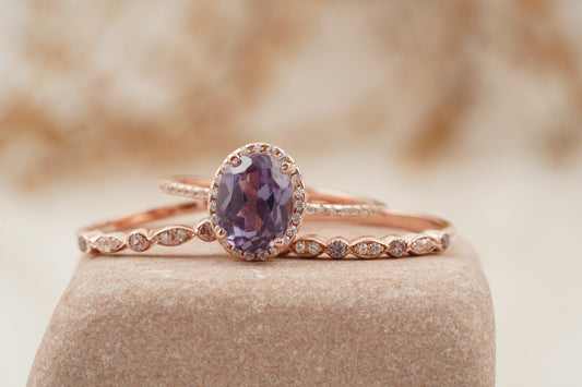 Oval Cut Alexandrite Engagement Ring 3pcs Set Halo Diamond Band