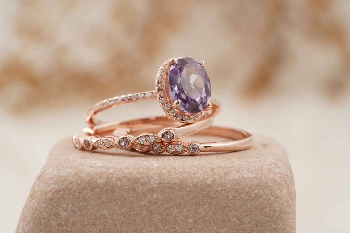 Oval Cut Alexandrite Engagement Ring 3pcs Set Halo Diamond Band