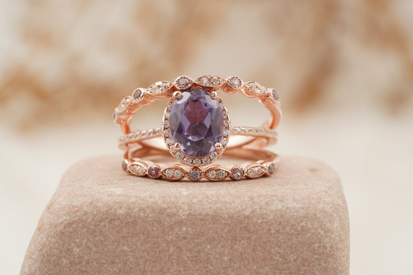 Oval Cut Alexandrite Engagement Ring 3pcs Set Halo Diamond Band
