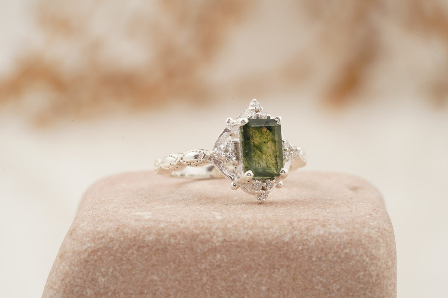 Vintage Emerald Cut Moss Agate Moissanite Engagement Ring