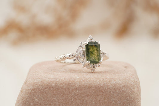 Vintage Emerald Cut Moss Agate Moissanite Engagement Ring