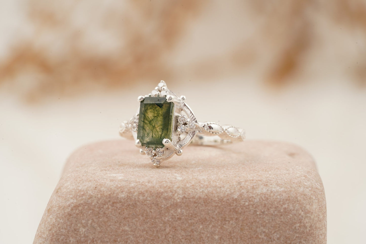Vintage Emerald Cut Moss Agate Moissanite Engagement Ring