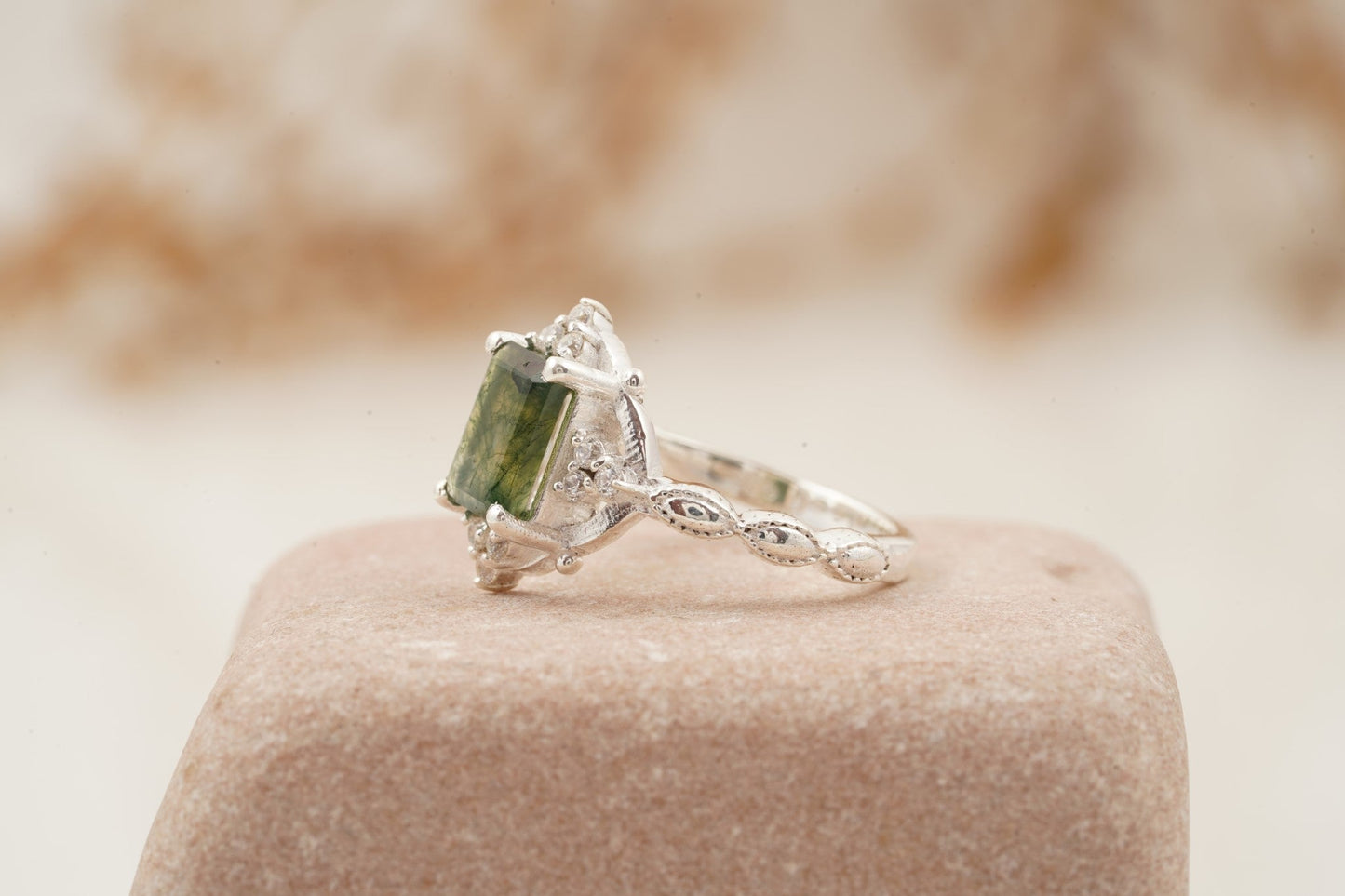 Vintage Emerald Cut Moss Agate Moissanite Engagement Ring