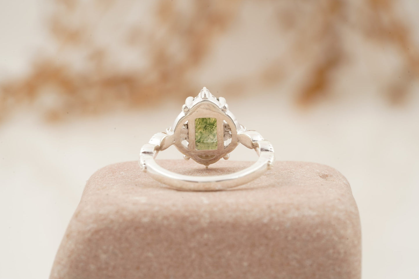Vintage Emerald Cut Moss Agate Moissanite Engagement Ring