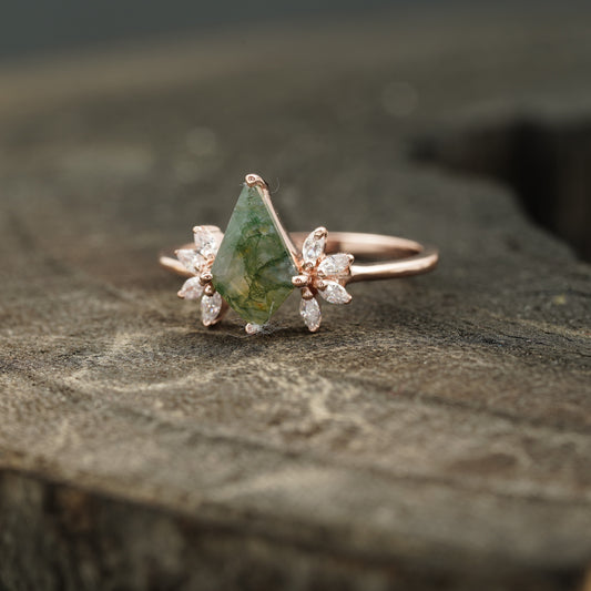 Kite Shaped Moss Agate Marquise Diamond Engagement Ring