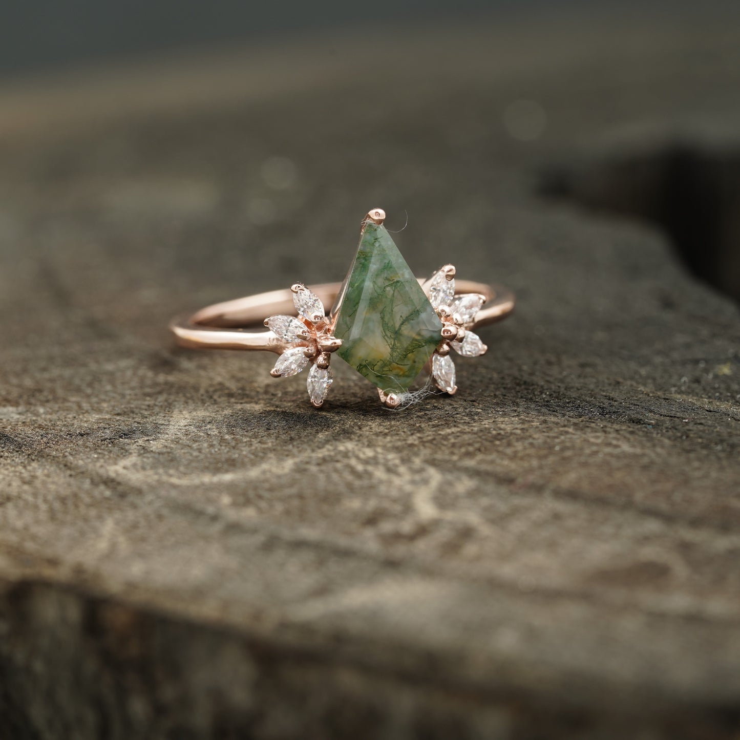 Kite Shaped Moss Agate Marquise Diamond Engagement Ring