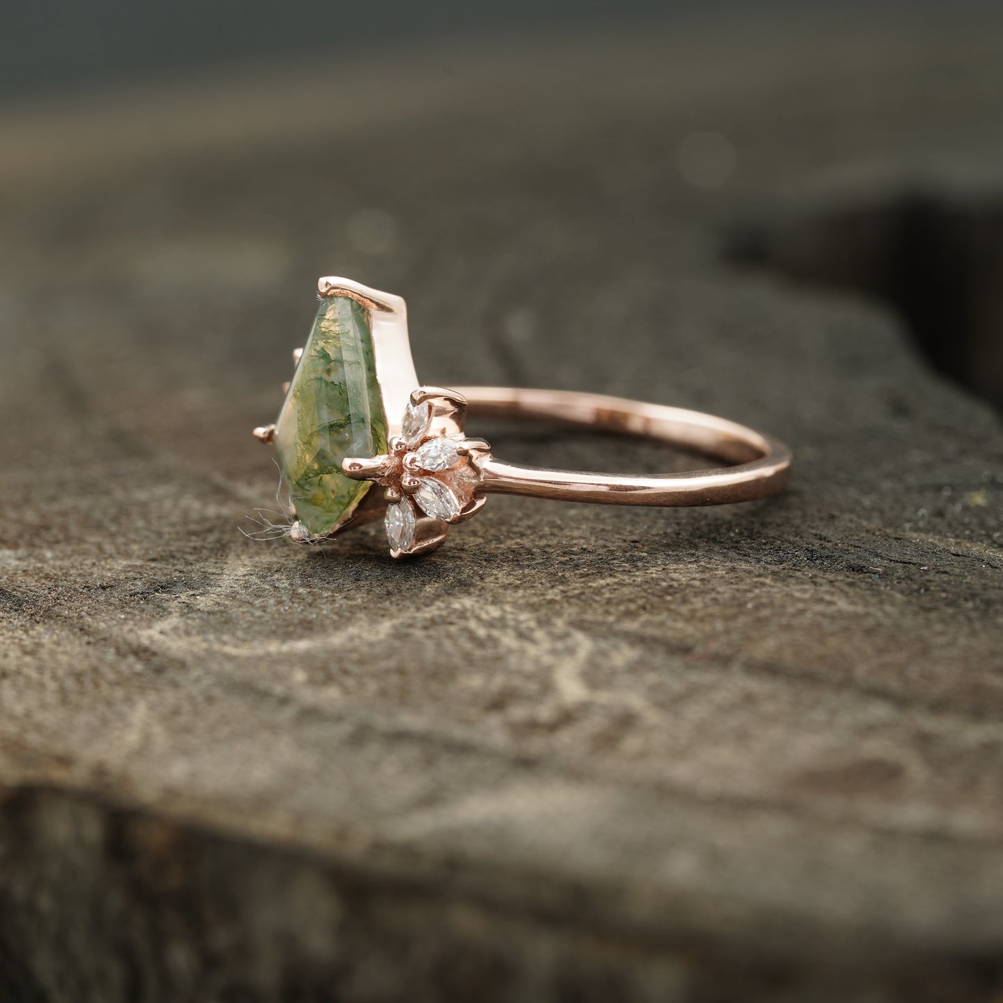Kite Shaped Moss Agate Marquise Diamond Engagement Ring
