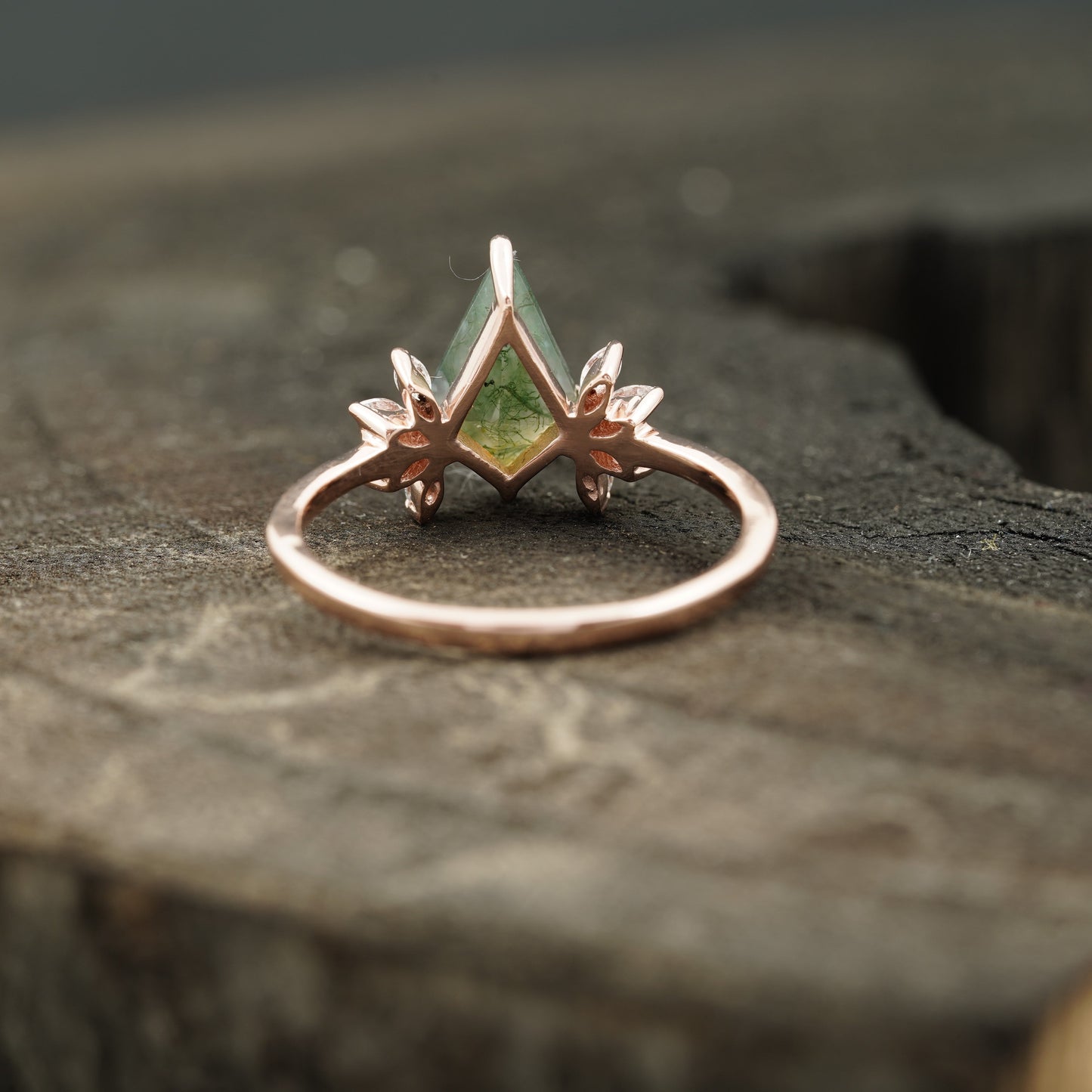 Kite Shaped Moss Agate Marquise Diamond Engagement Ring