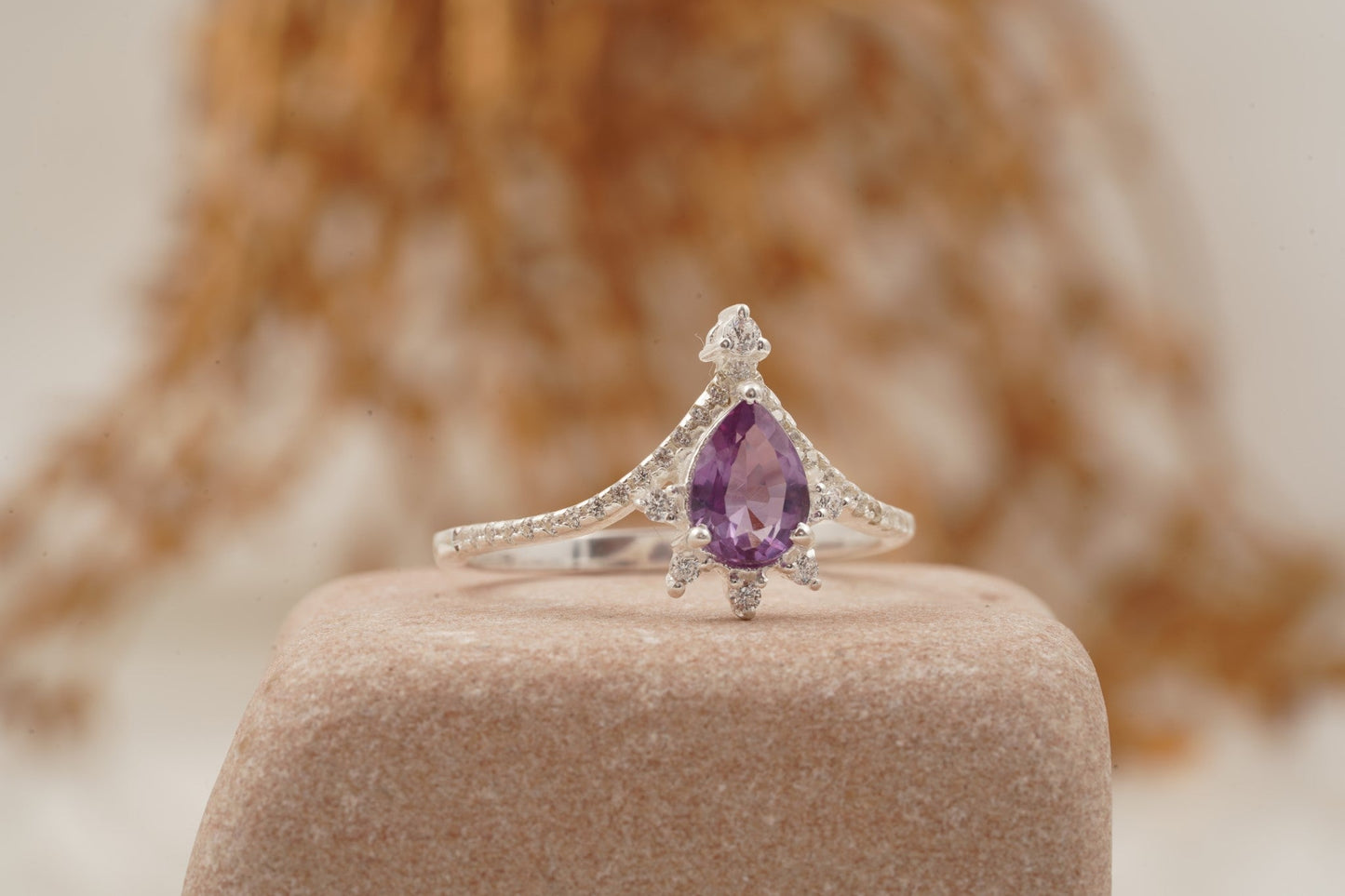 Pear Cut Alexandrite Wedding Band Stacking Diamond Curved Ring