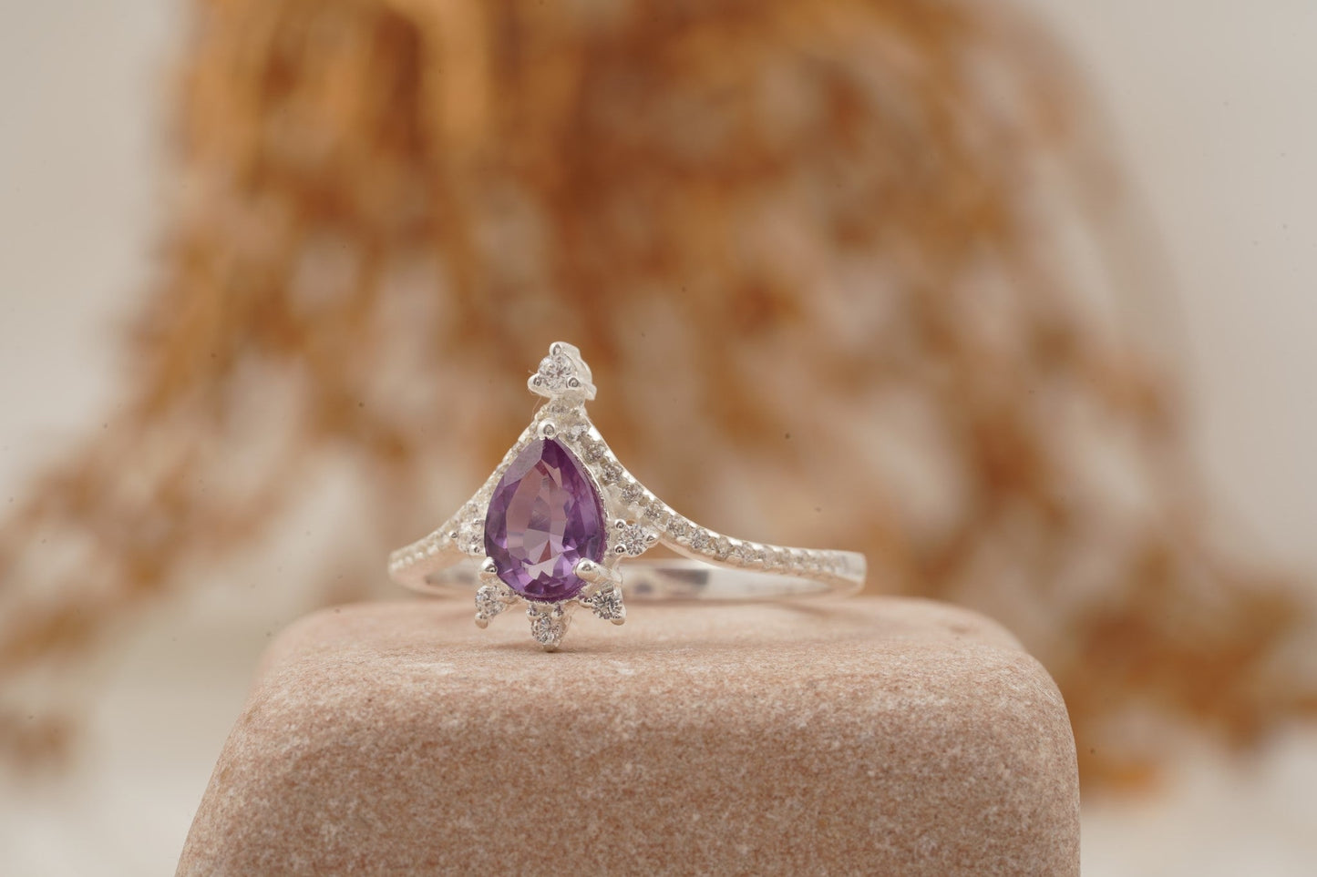 Pear Cut Alexandrite Wedding Band Stacking Diamond Curved Ring