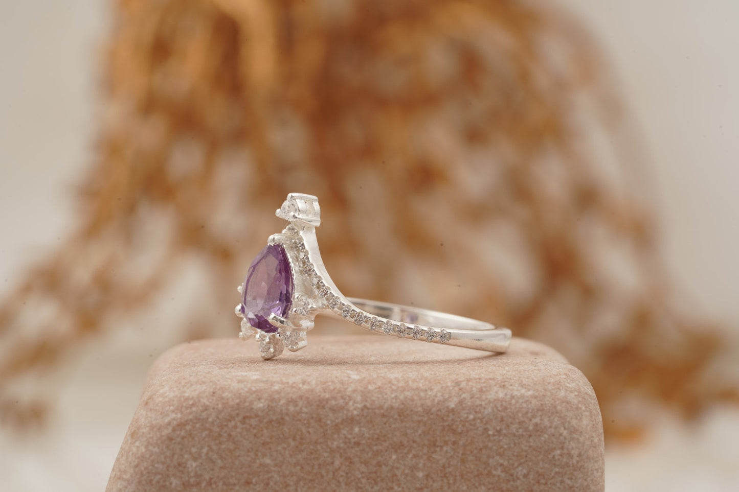 Pear Cut Alexandrite Wedding Band Stacking Diamond Curved Ring