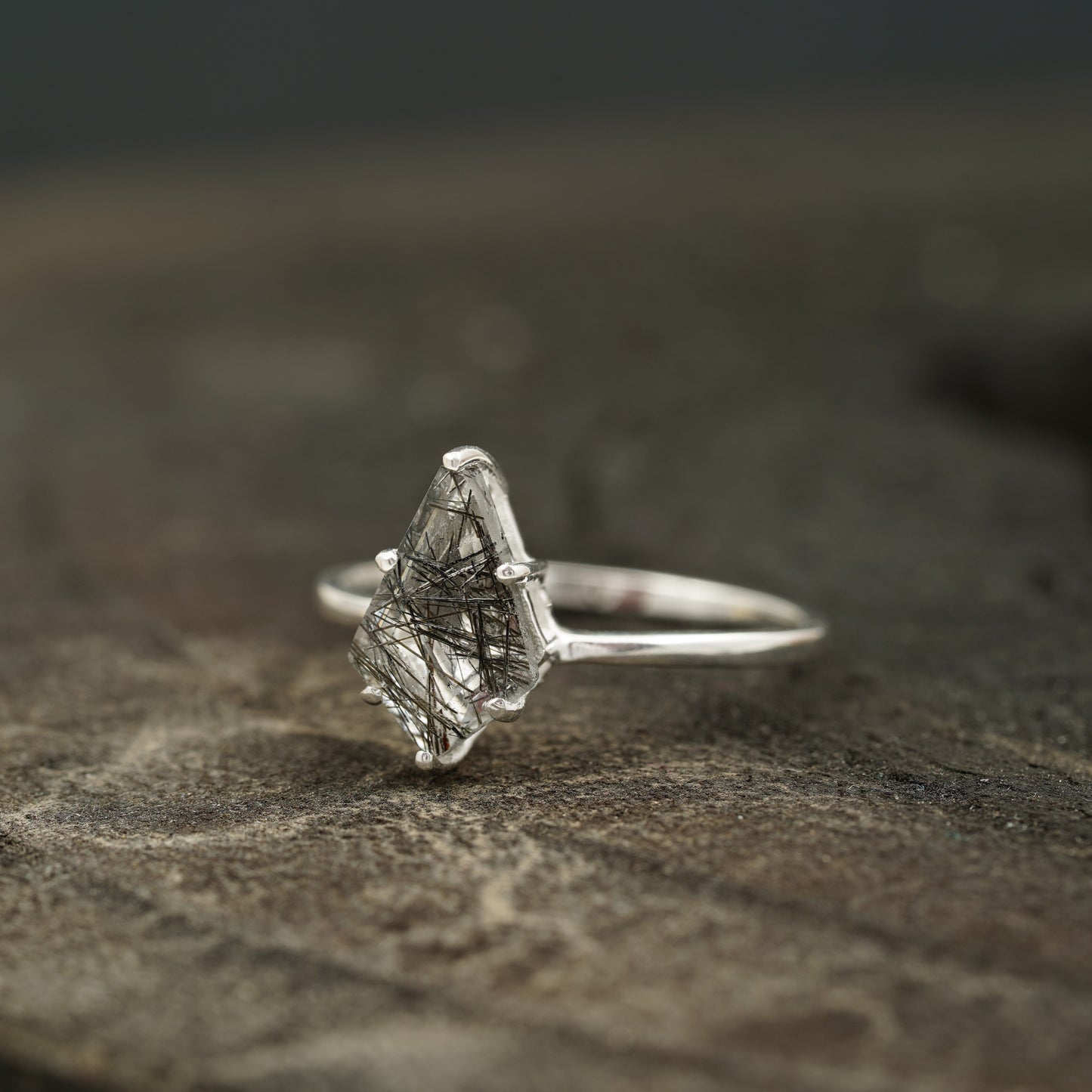 Kite Shaped Black Rutile Quartz Ring Left SIde Pose