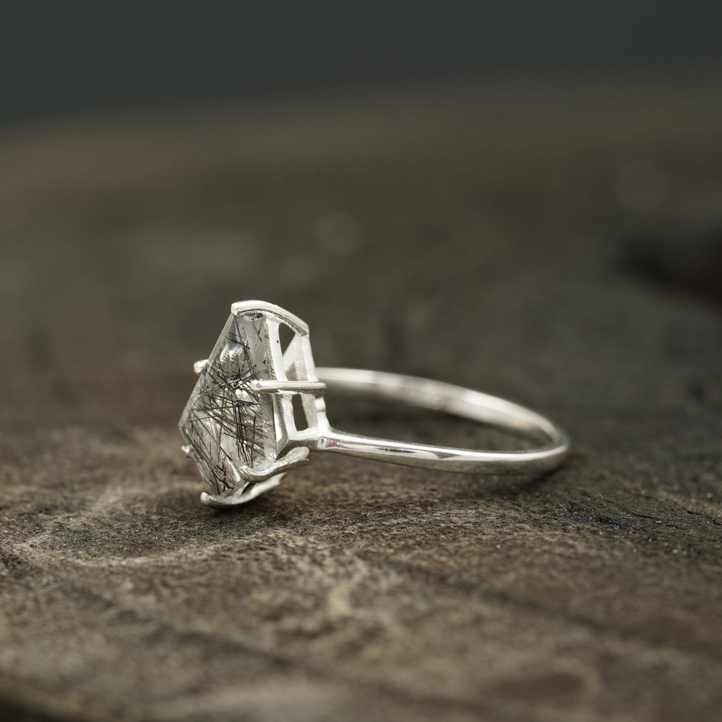 Kite Shaped Black Rutile Quartz Ring Side Position
