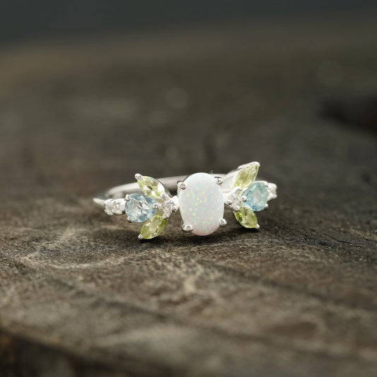 Oval Cut Fire Opal Cluster October Birthstone Engagement Ring - Gigiscc