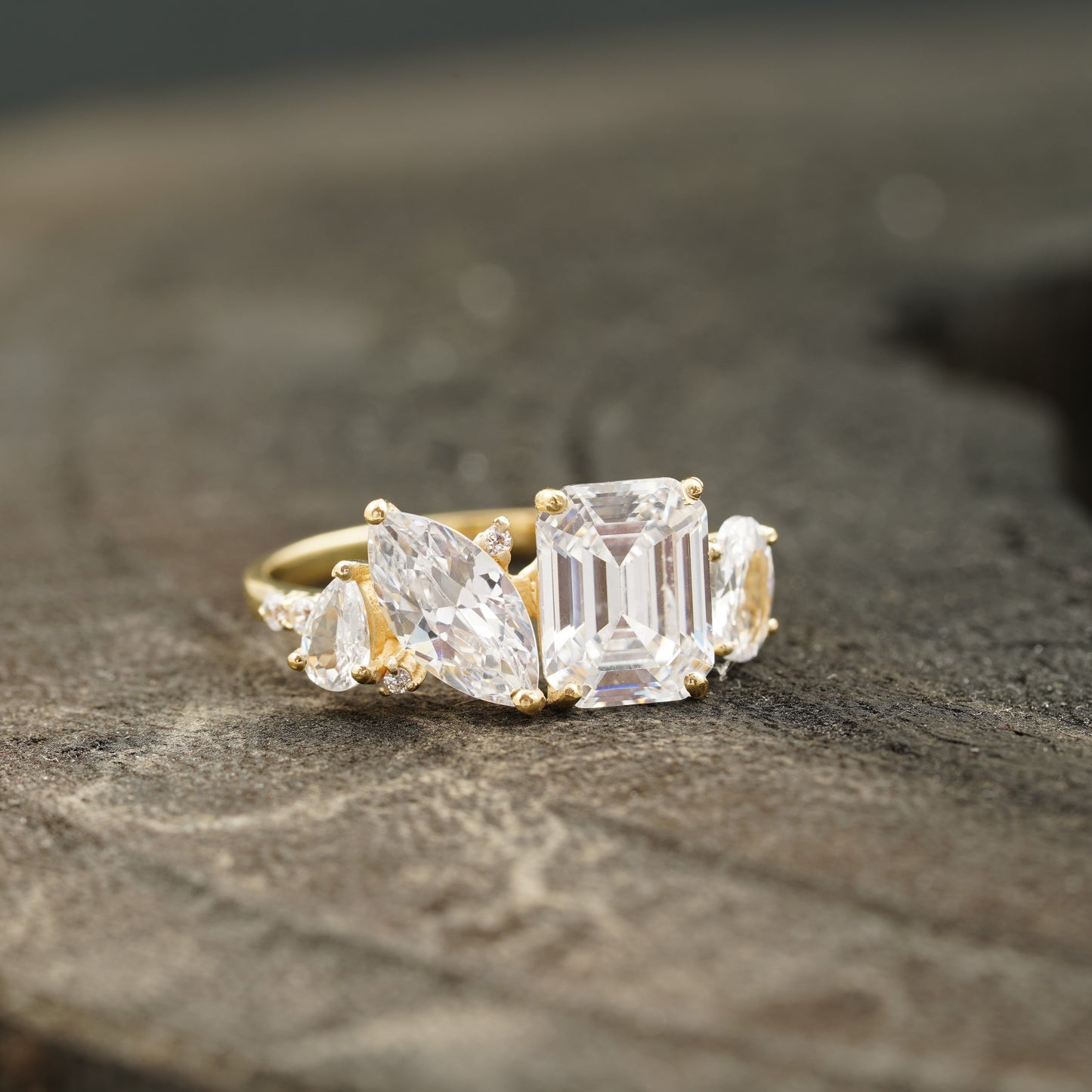 Cluster Moissanite Engagement Ring Emerald and Marquise Cut Ring