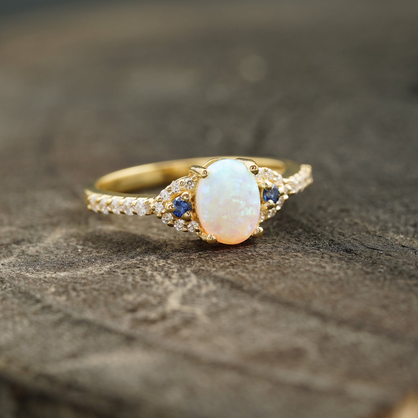 Opal & Sapphire halo Diamond Engagement Ring Right Angle