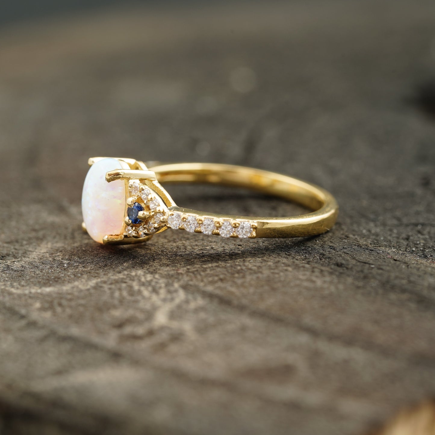 Opal & Sapphire halo Diamond Engagement Ring Side Face