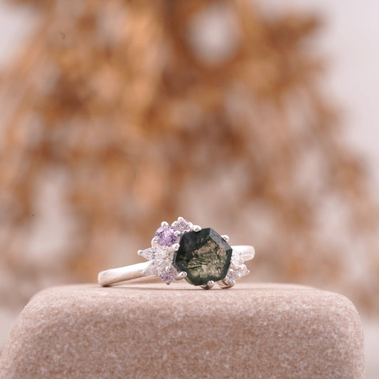 Hexagon Cut Moss Agate Cluster Art Deco Ring