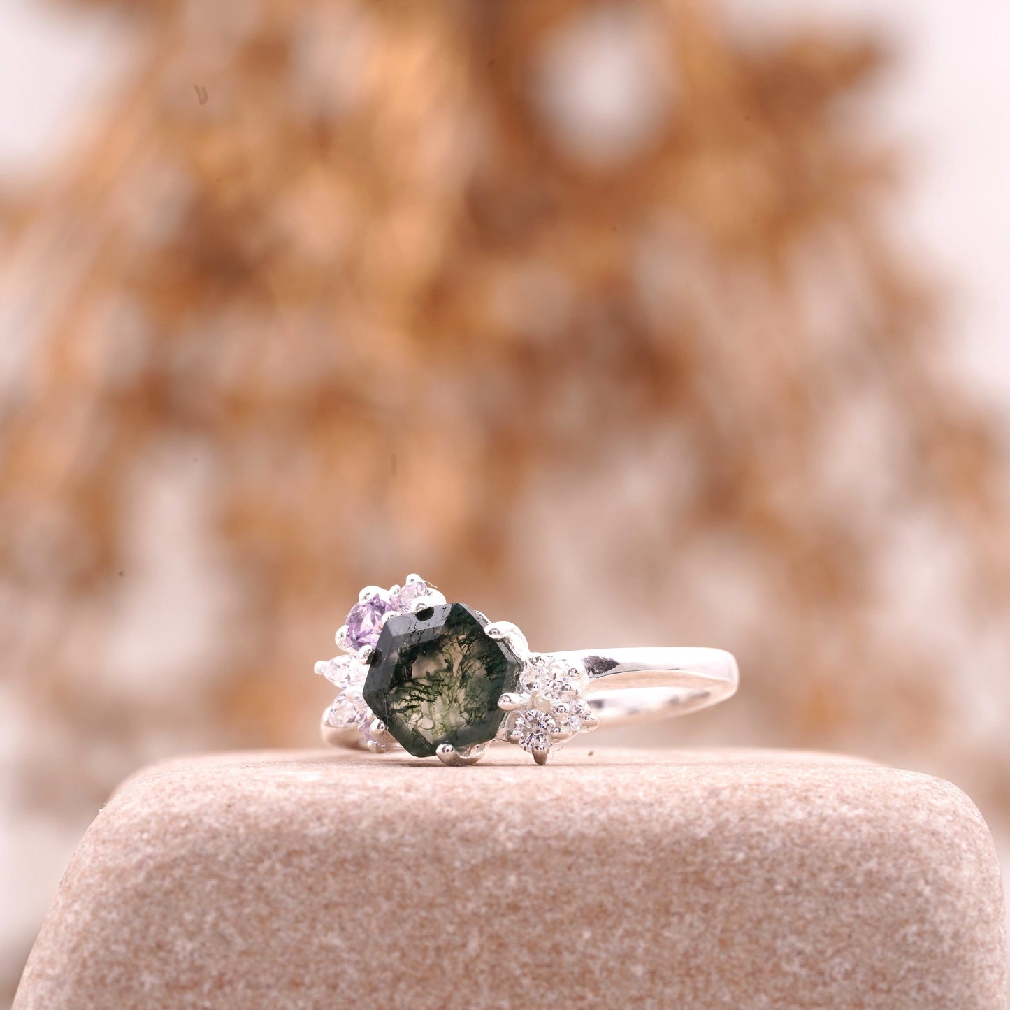 Hexagon Cut Moss Agate Cluster Art Deco Ring