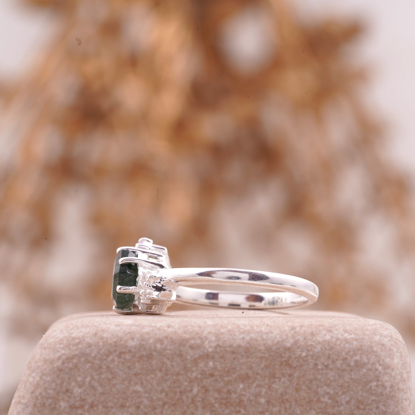 Hexagon Cut Moss Agate Cluster Art Deco Ring