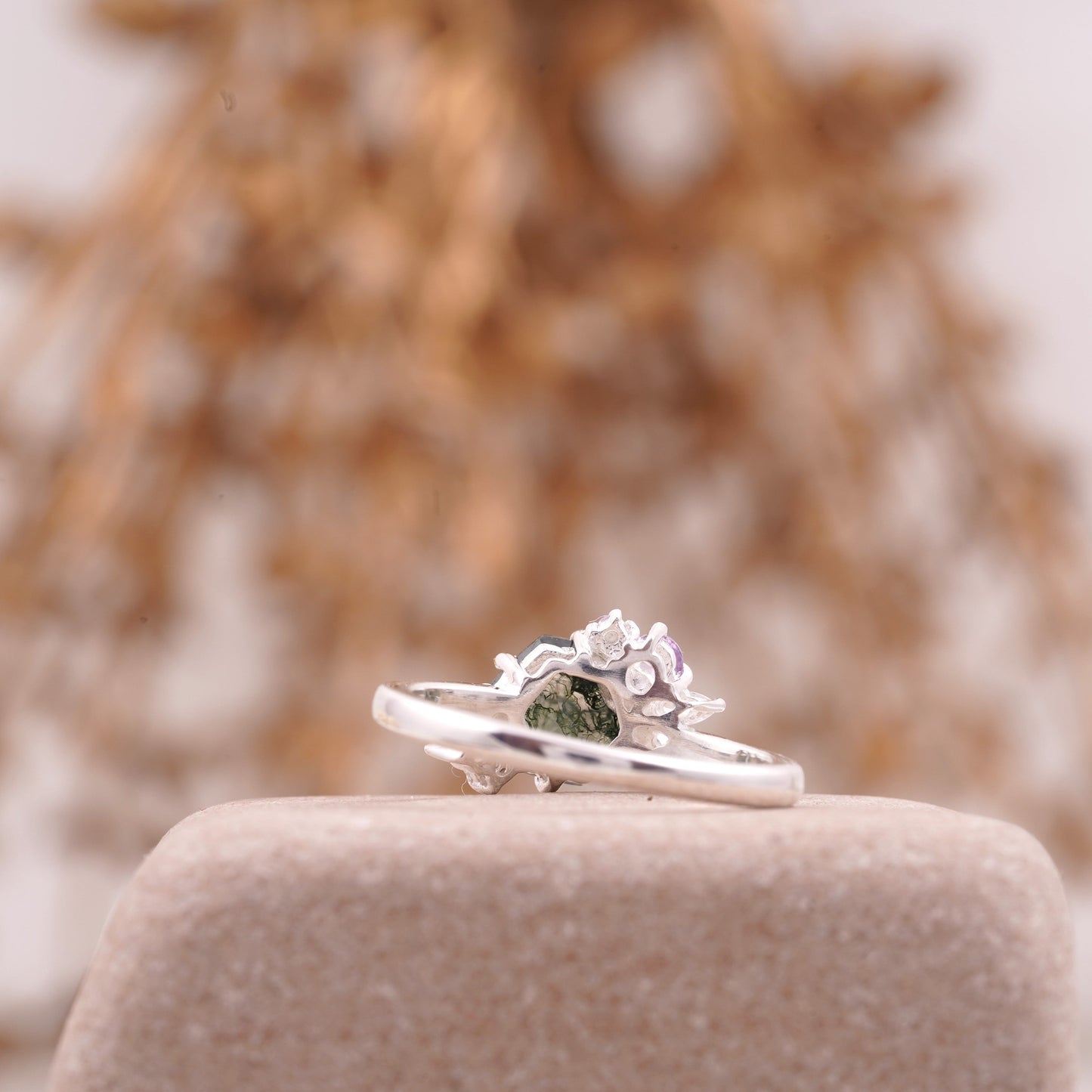 Hexagon Cut Moss Agate Cluster Art Deco Ring