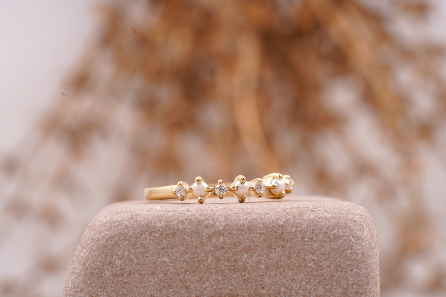 Pearl & Diamond Stacking Wedding Band Right Angle