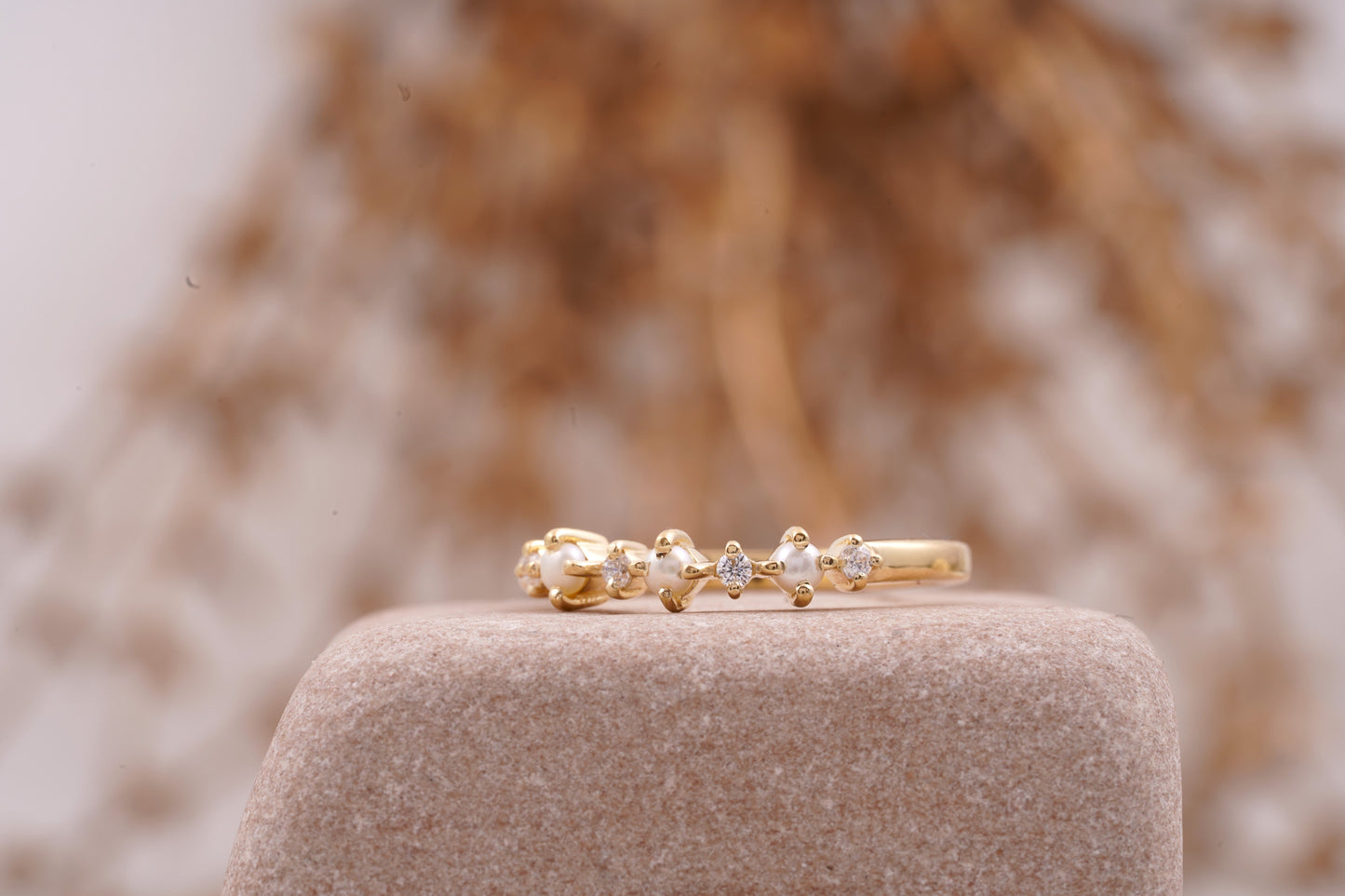 Pearl & Diamond Stacking Wedding Band Left Angle