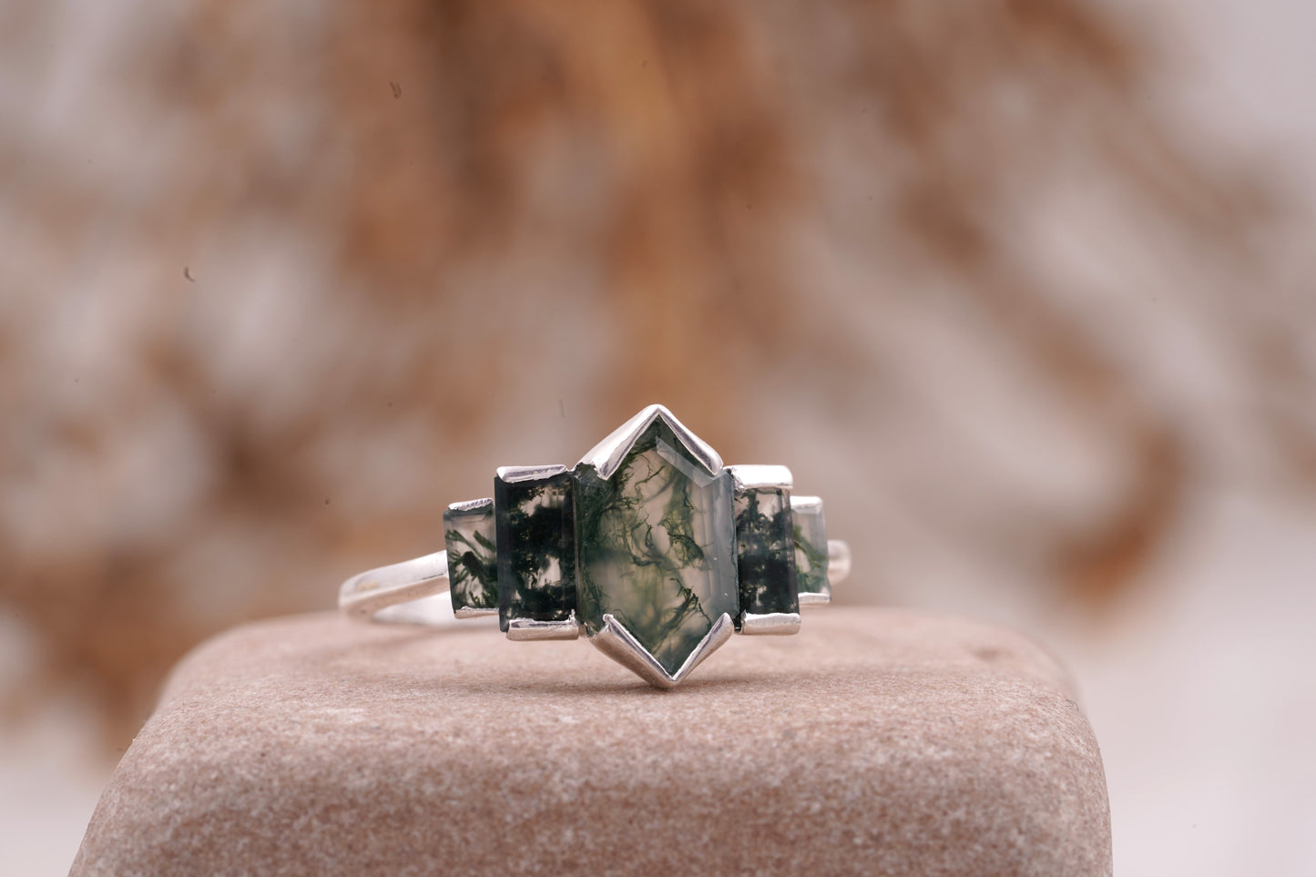 Bezel Set Moss Agate Hexagon Engagement Ring Right Angle