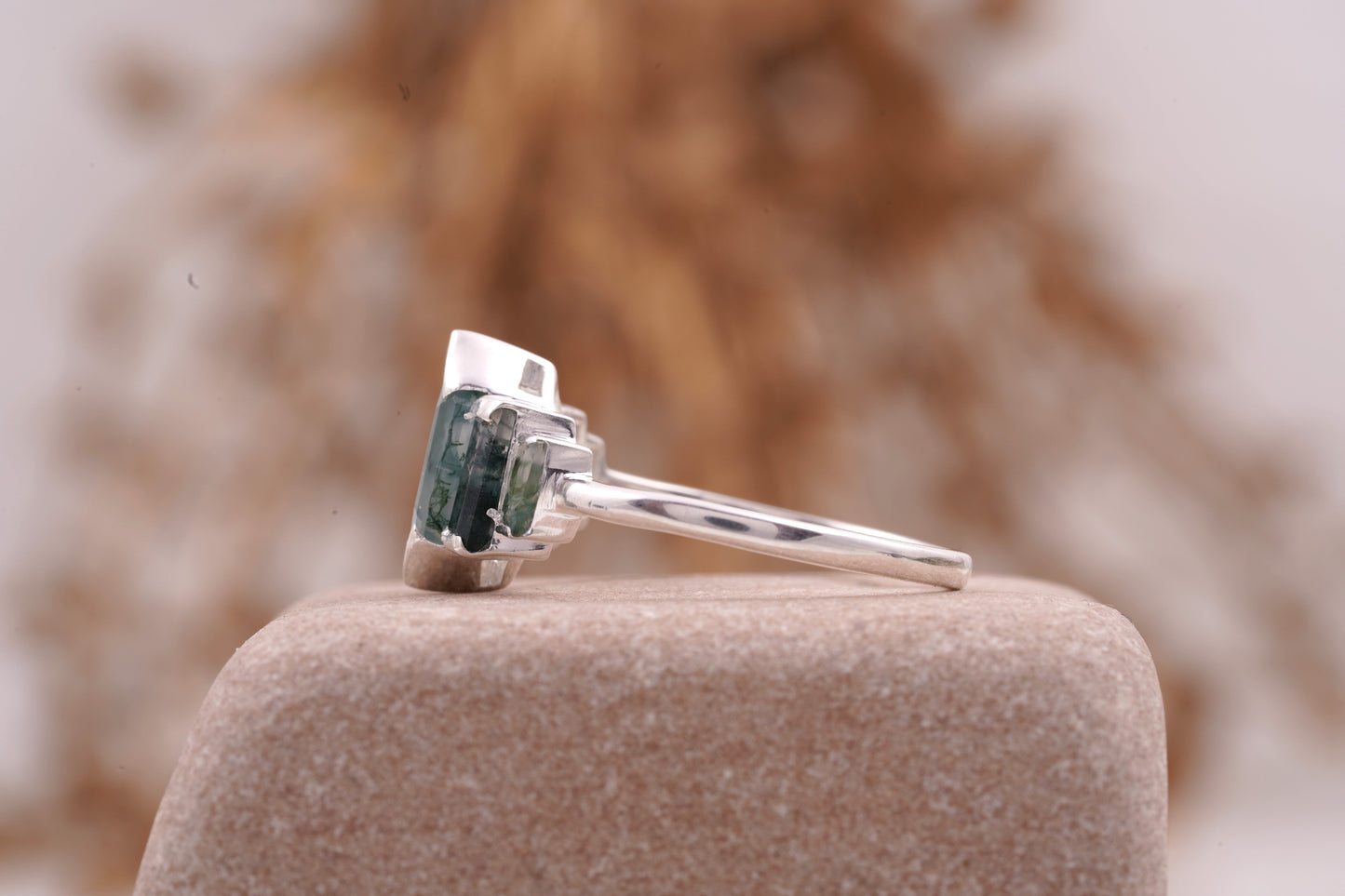 Bezel Set Moss Agate Hexagon Engagement Ring SIde Position