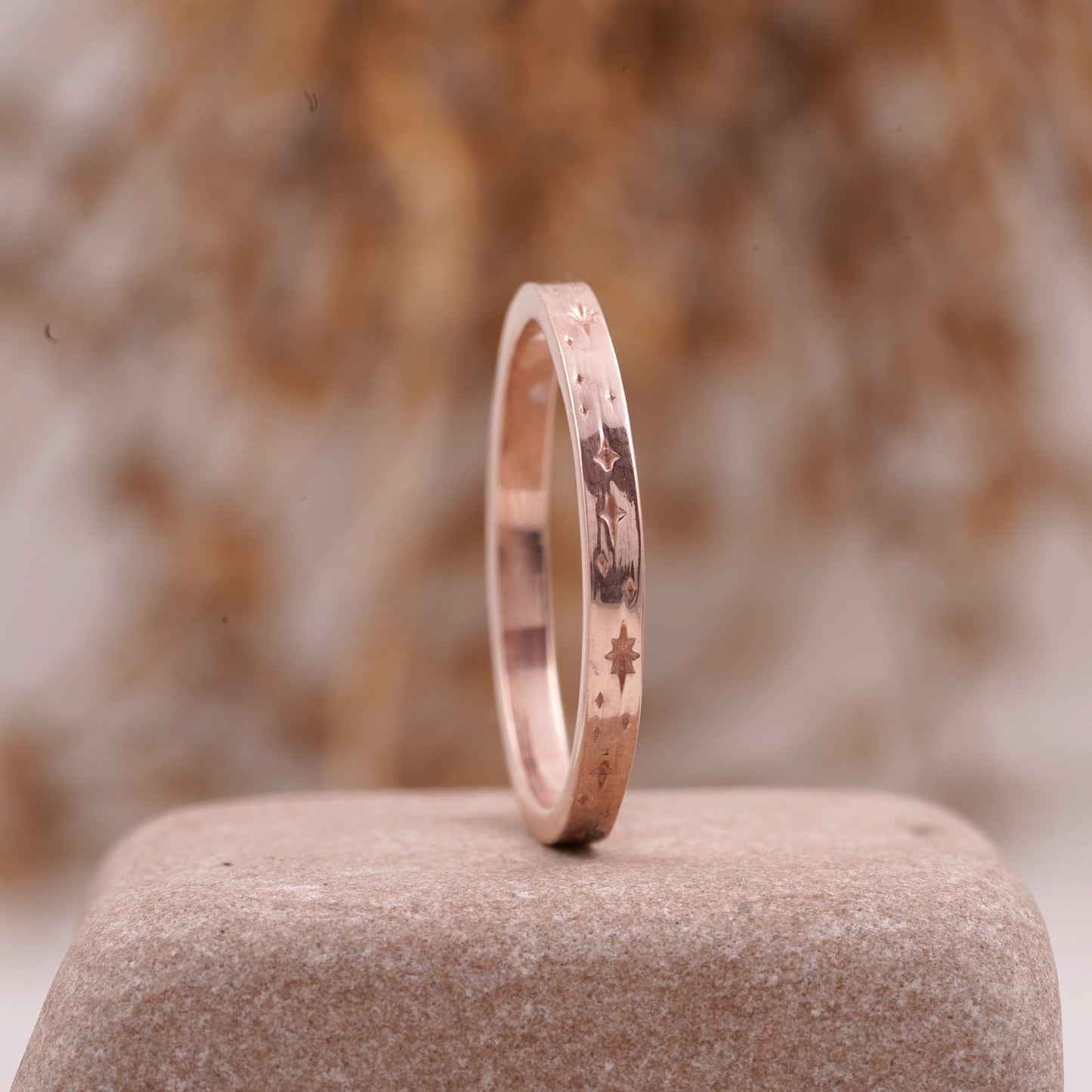 Celestial Star Engraved Wedding Ring Verticle Right Angle