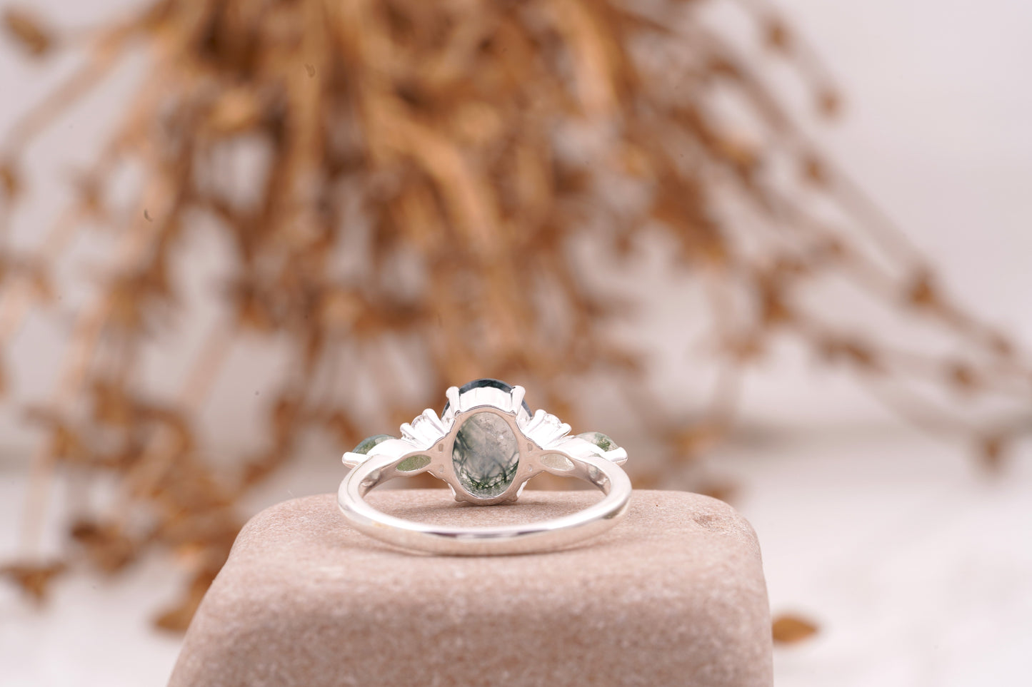 Moss Agate Oval Cut Silver Engagement Ring Back Side
