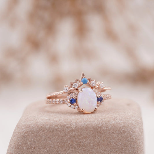 Fire Opal Engagement Ring Set with Curved Band - Gigiscc