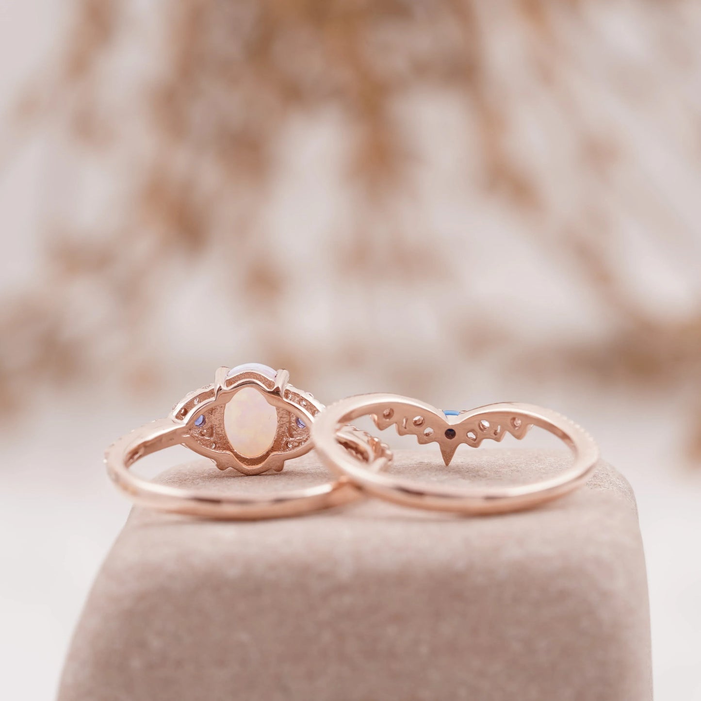 Fire Opal Engagement Ring Set with Curved Band - Gigiscc