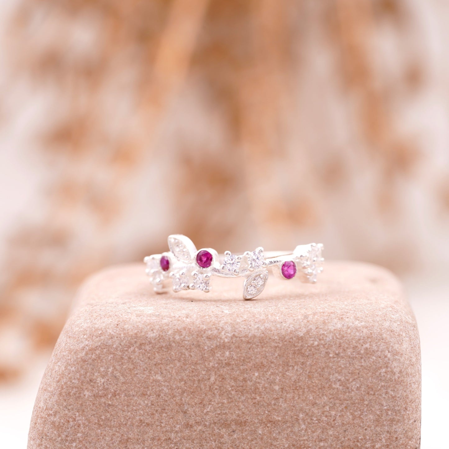 Nature Inspired Leaf CZ Diamond And Ruby Wedding Band 925 Sterling Silver