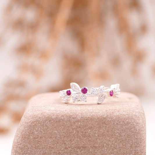 Nature Inspired Leaf CZ Diamond And Ruby Wedding Band 925 Sterling Silver - Gigiscc