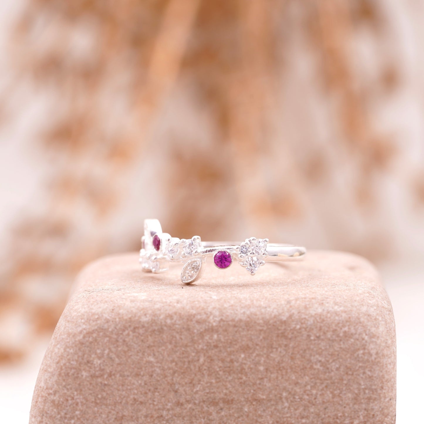 Nature Inspired Leaf CZ Diamond And Ruby Wedding Band 925 Sterling Silver