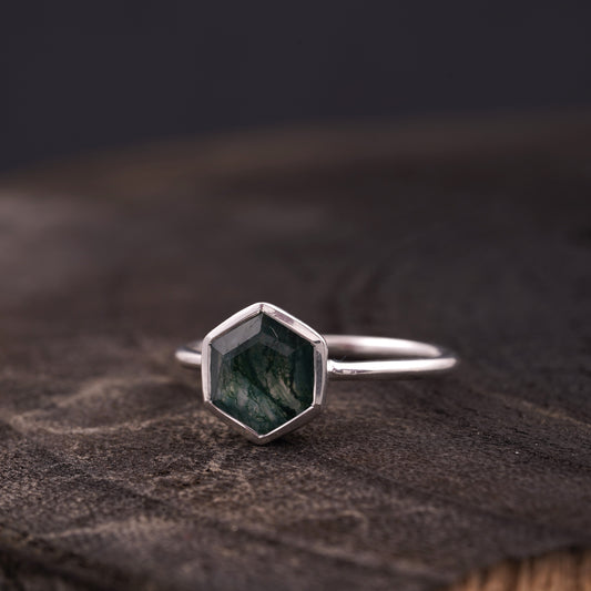 Hexagon Cut Moss Agate Bezel Set Engagement Ring