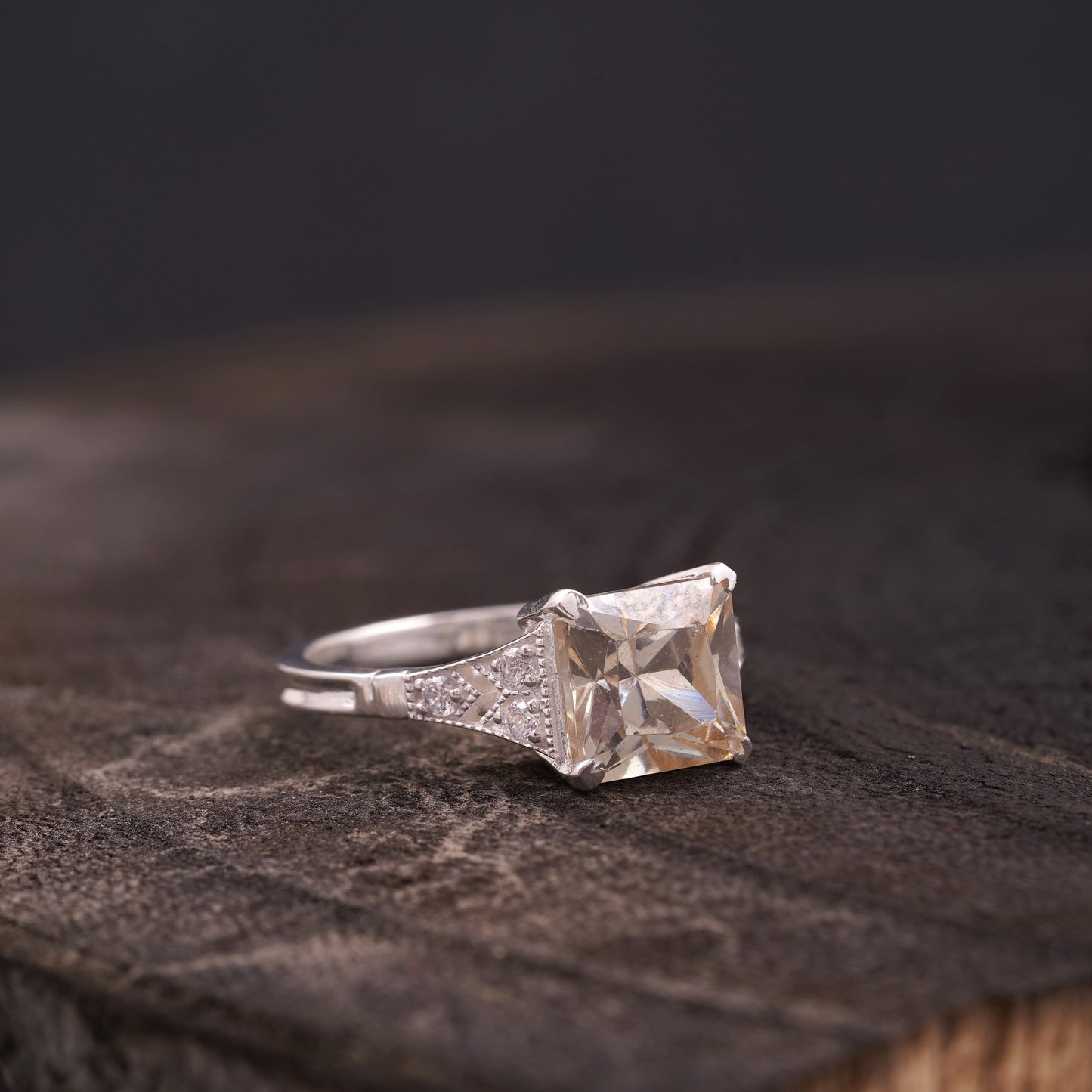 Asscher Cut Peach Moissanite Diamond Ring Right Side Position