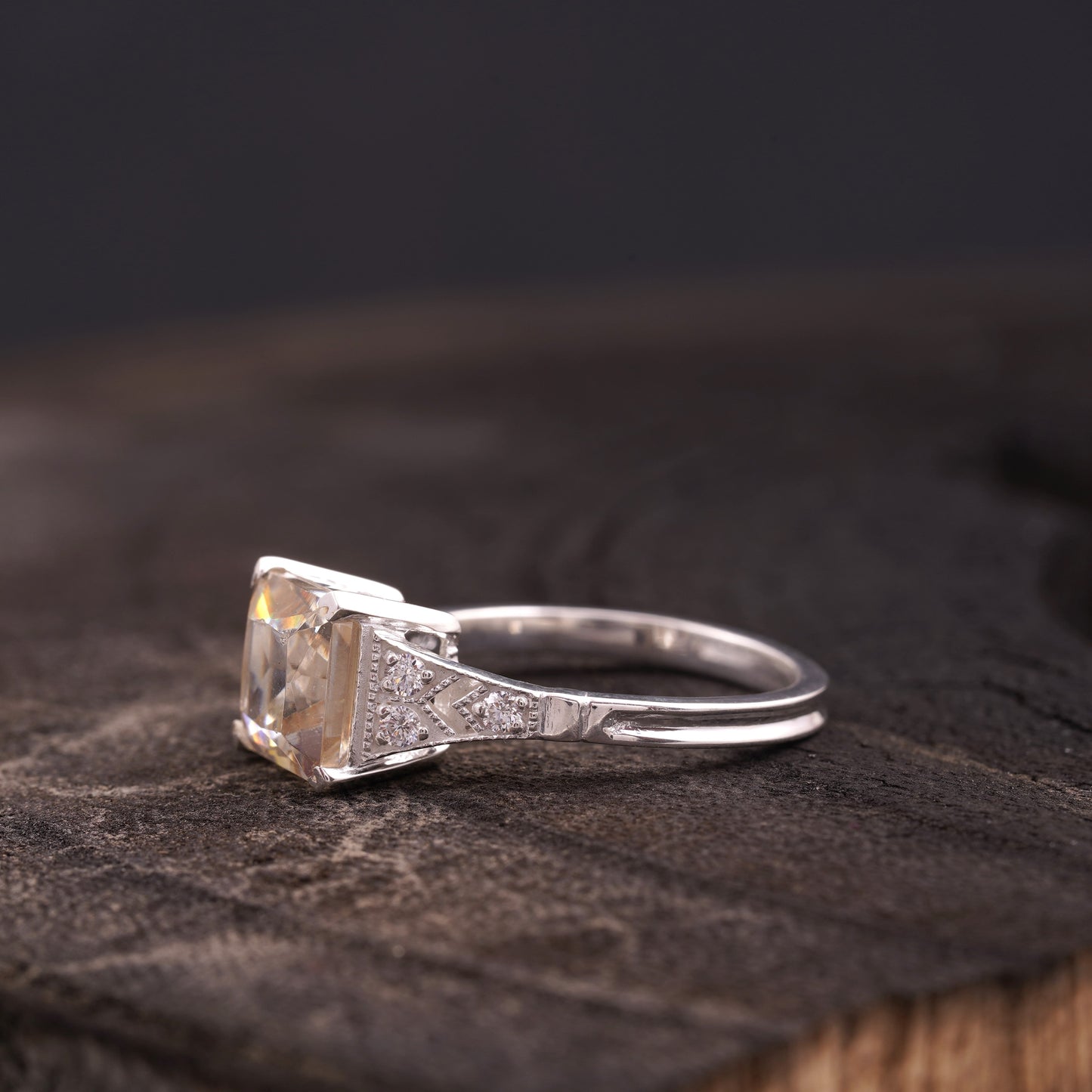 Asscher Cut Peach Moissanite Diamond Ring SIde Position