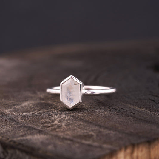 Hexagon Cut Moonstone Solitaire Ring Left Pose