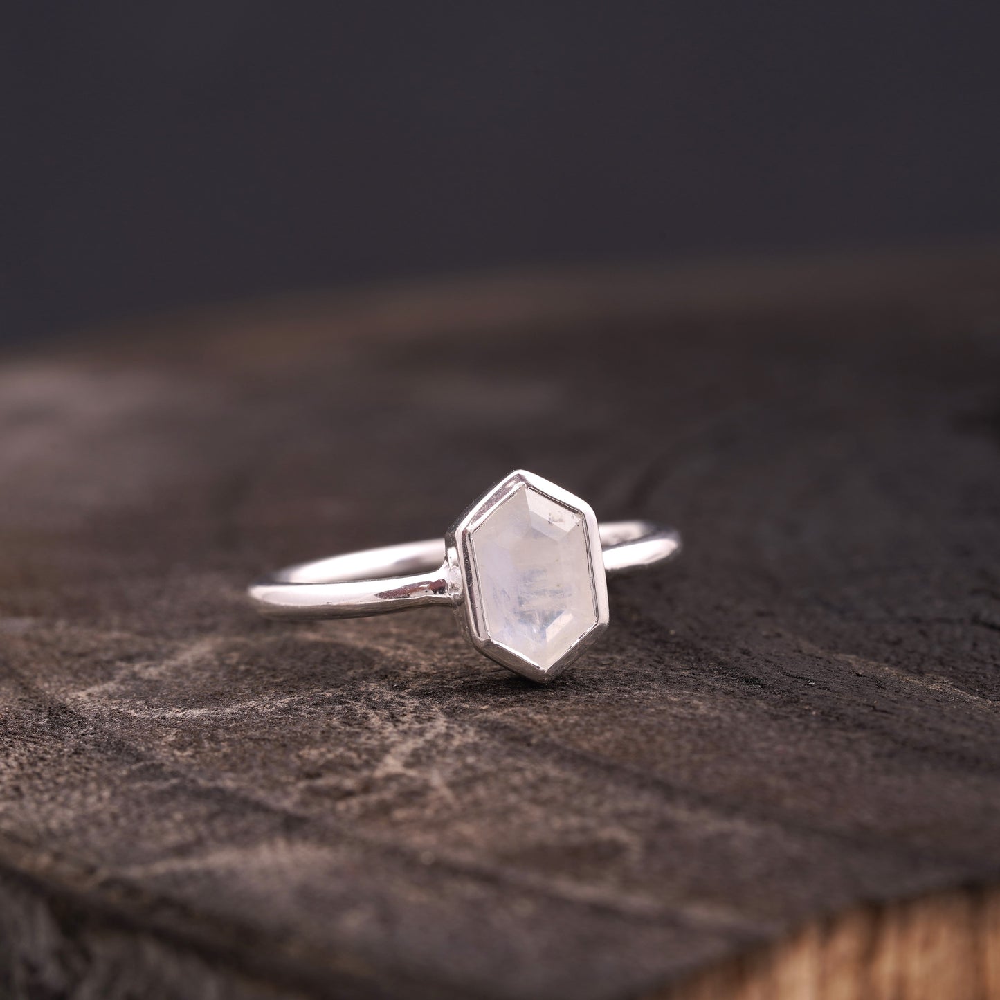 Hexagon Cut Moonstone Solitaire Ring Right Side Pose