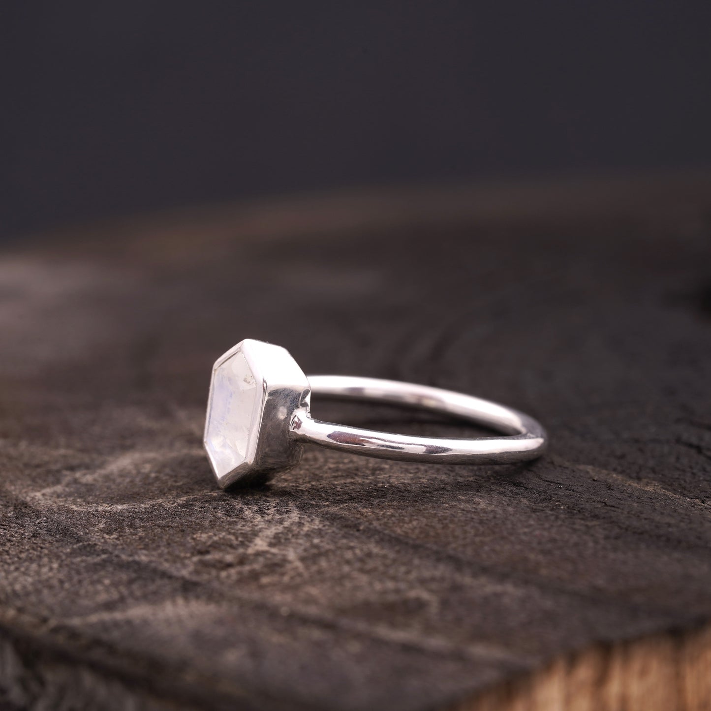 Hexagon Cut Moonstone Solitaire Ring Side Position