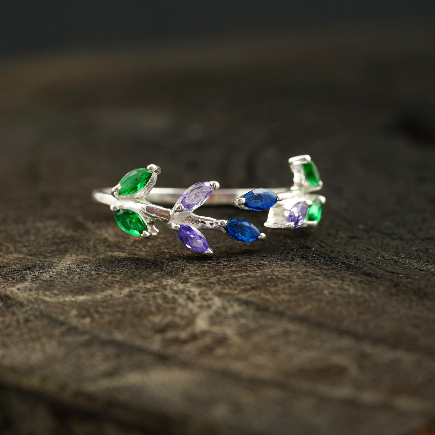 Marquise Cut Multi-Stone Sapphire Amethyst & Emerald Wedding Band