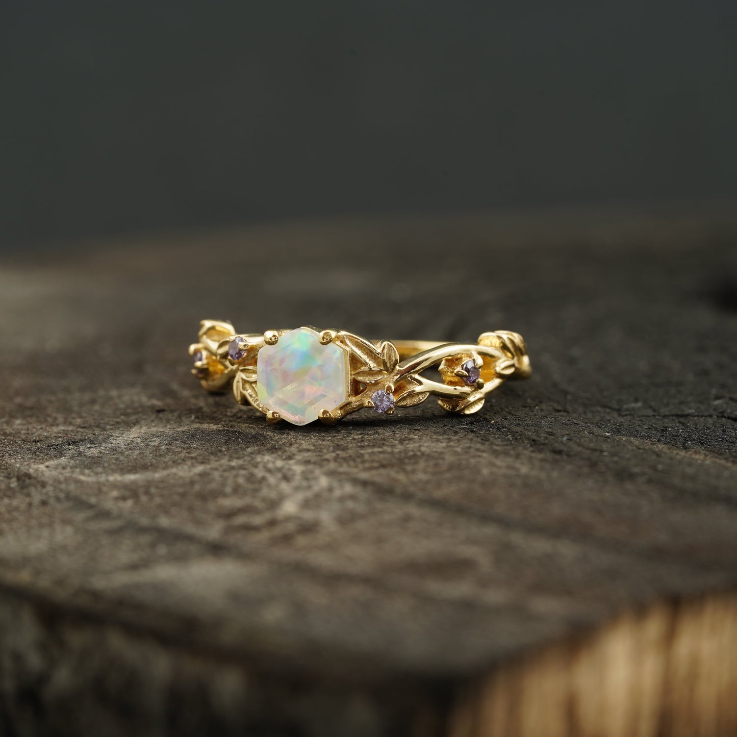Hexagon Opal & Leaf Alexandrite Gold Engagement Ring Left Angle