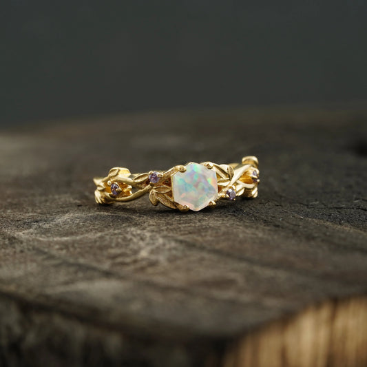 Hexagon Opal & Leaf Alexandrite Gold Engagement Ring - Gigiscc