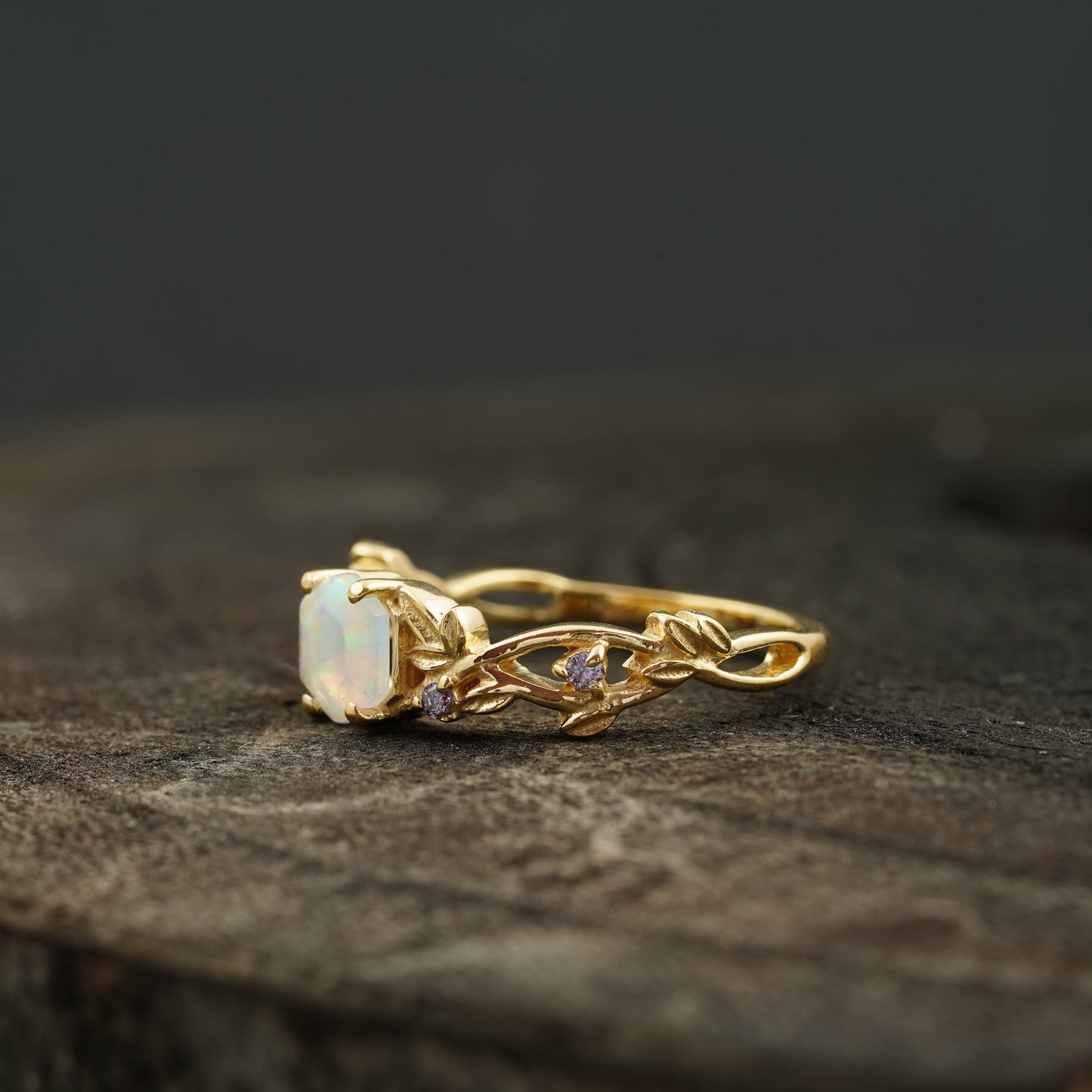 Hexagon Opal & Leaf Alexandrite Gold Engagement Ring SIde Position