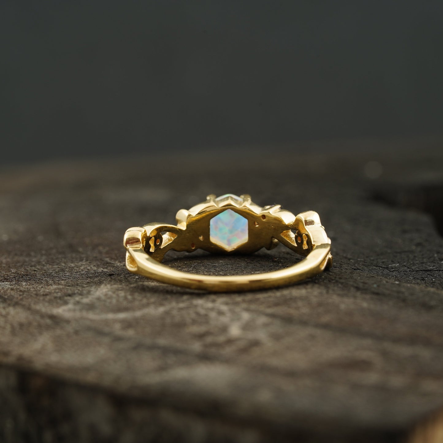 Hexagon Opal & Leaf Alexandrite Gold Engagement Ring Back Angle