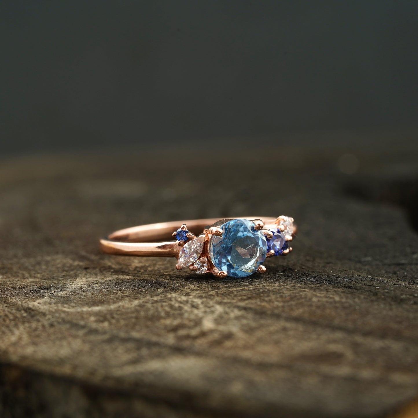 Aquamarine Cluster CZ Diamond Stacking Ring Right Angle
