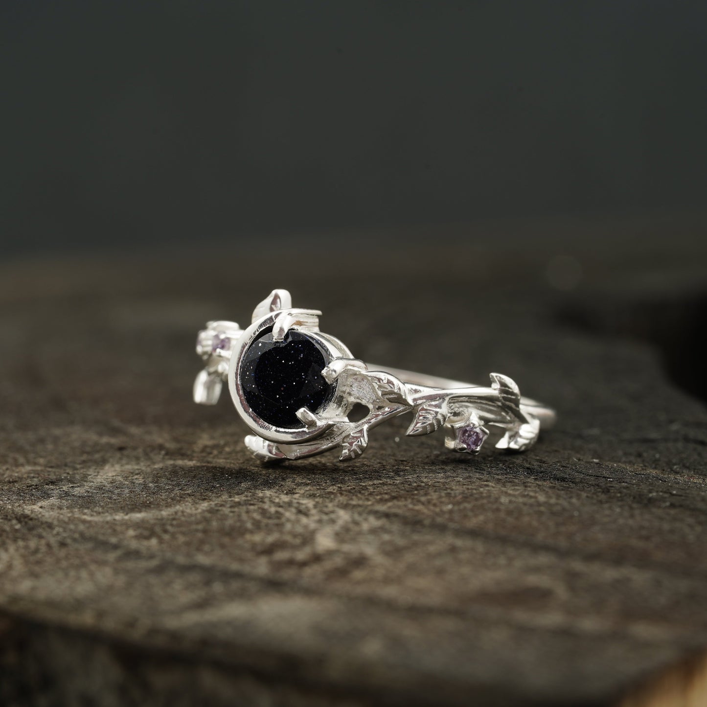 Blue Sandstone Leaf Diamond Band Engagement Ring | Sterling Silver