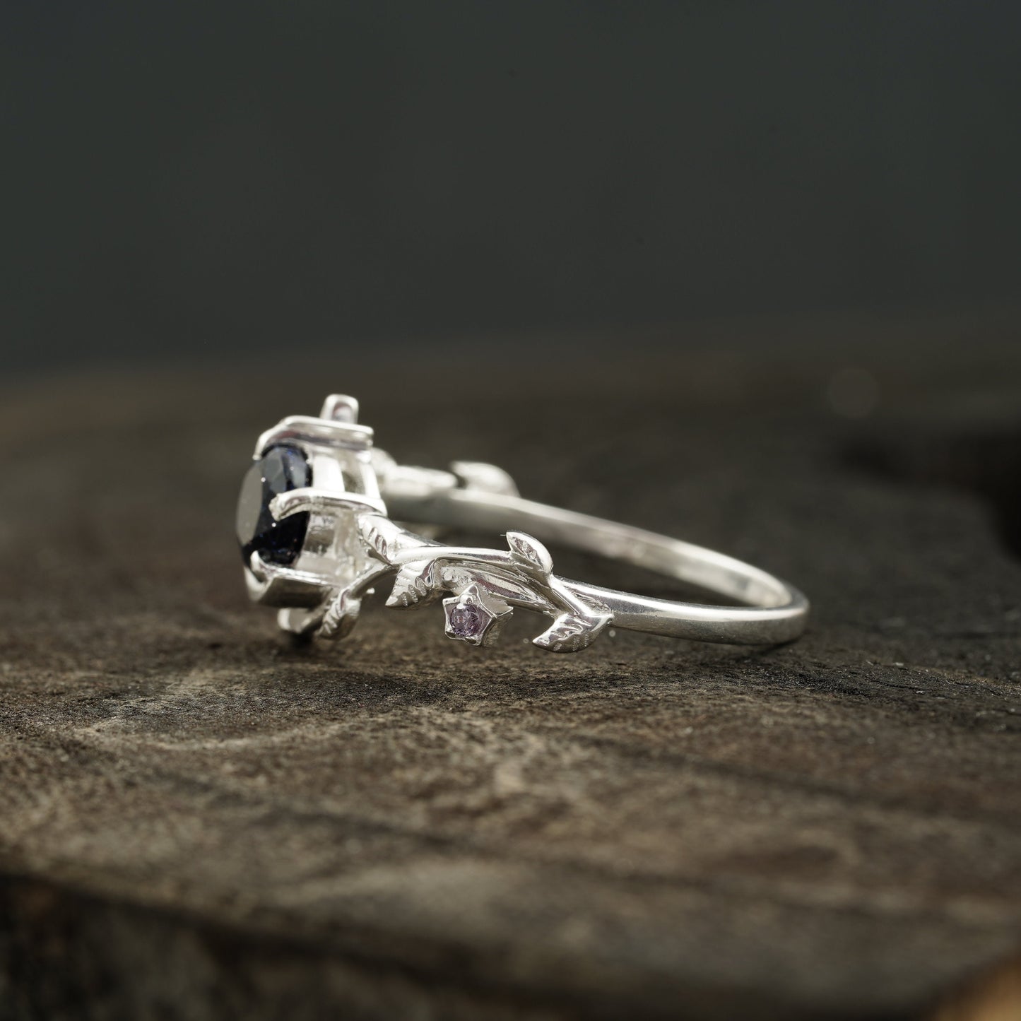 Blue Sandstone Leaf Diamond Band Engagement Ring | Sterling Silver